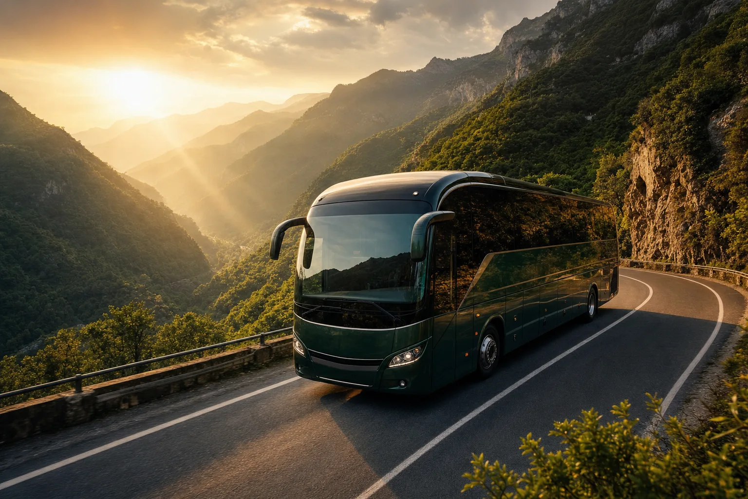 Tour coach on a mountain road at golden hour